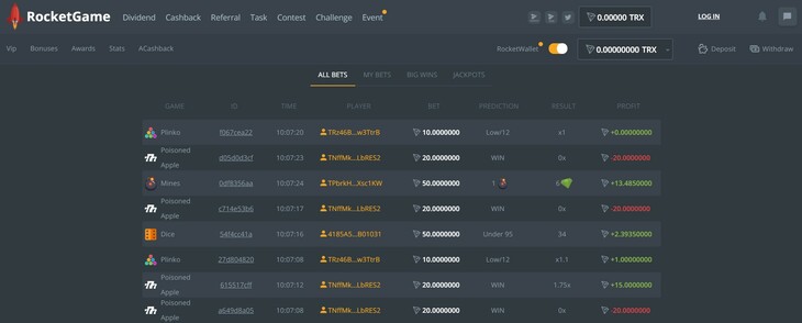 All bets and winnings in RocketGame are displayed in real time